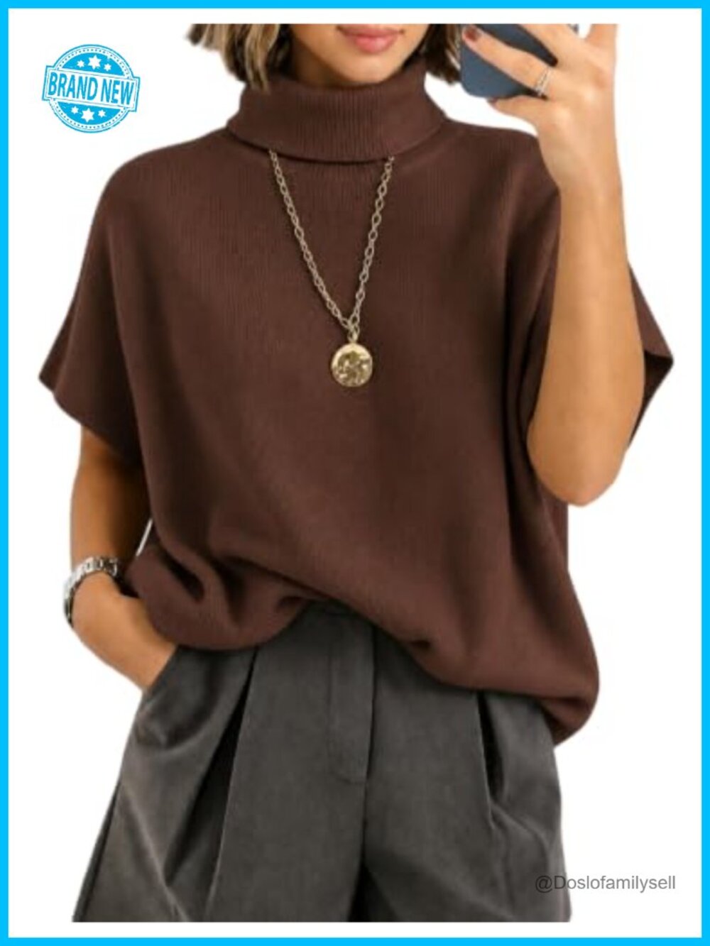 Oversized Turtleneck Knit Tunic Top Batwing Short Sleeve Lightweight